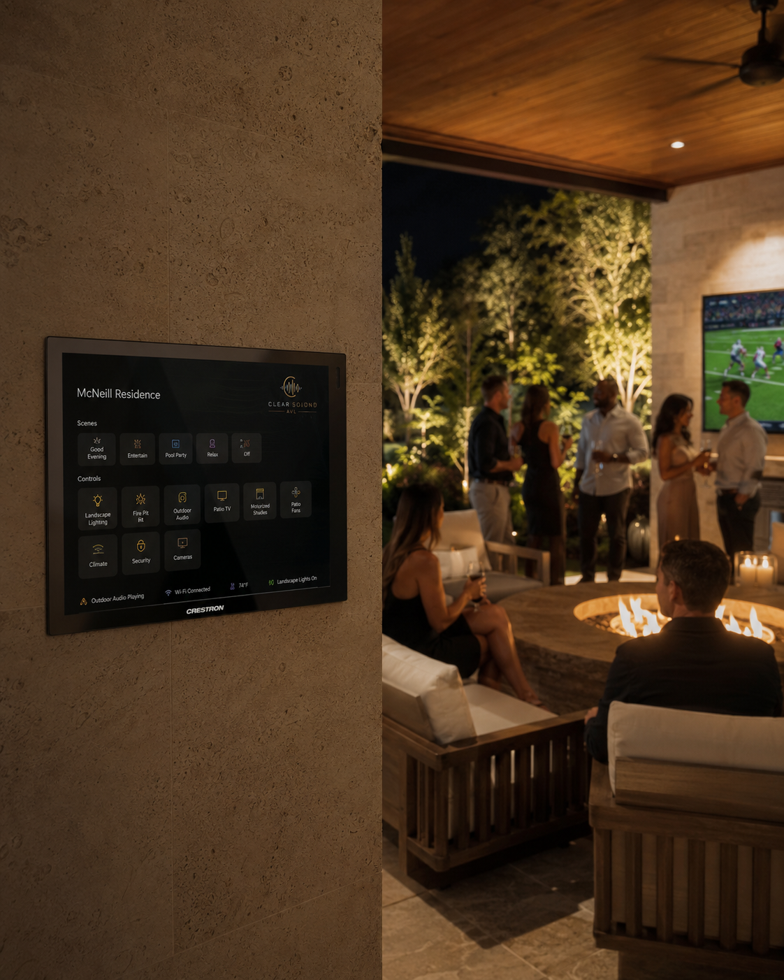 Outdoor Crestron control panel managing landscape lighting, patio audio, and outdoor TV during an evening gathering