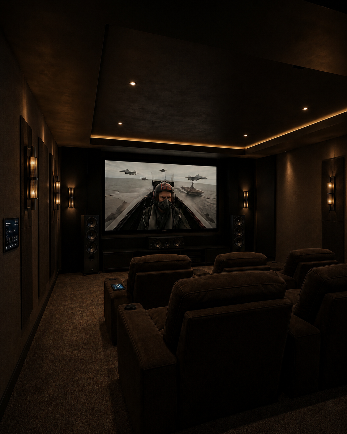 Dedicated home theater room with acoustic wall panels, tower speakers, and immersive Dolby Atmos surround