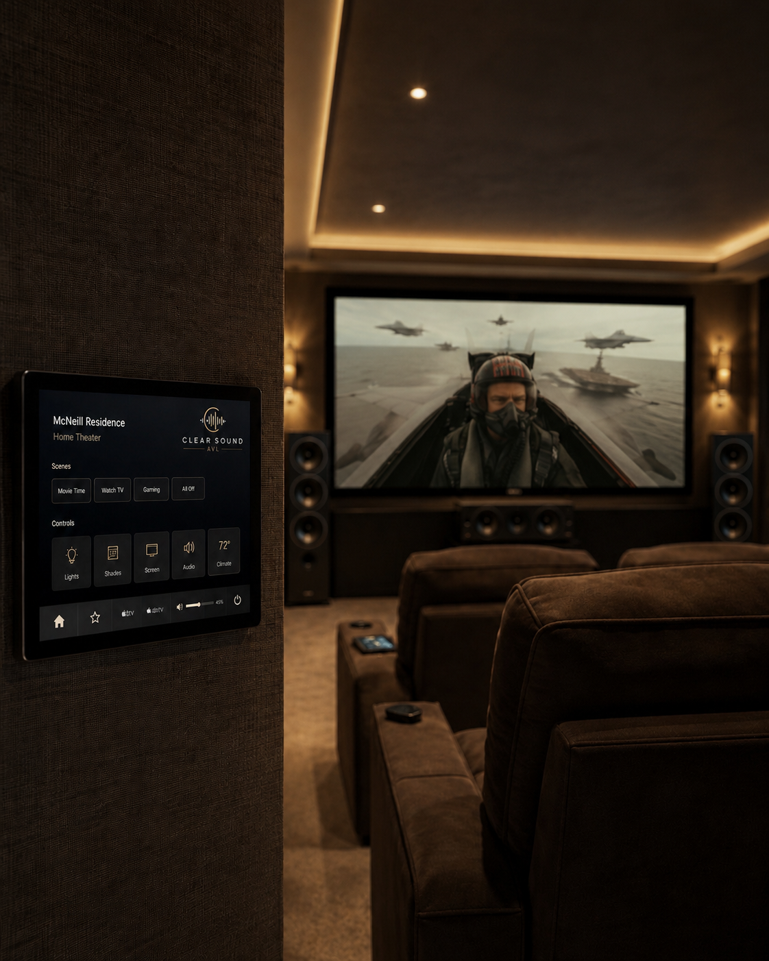 Home theater with tiered seating, large screen, and in-wall touch panel for scene control