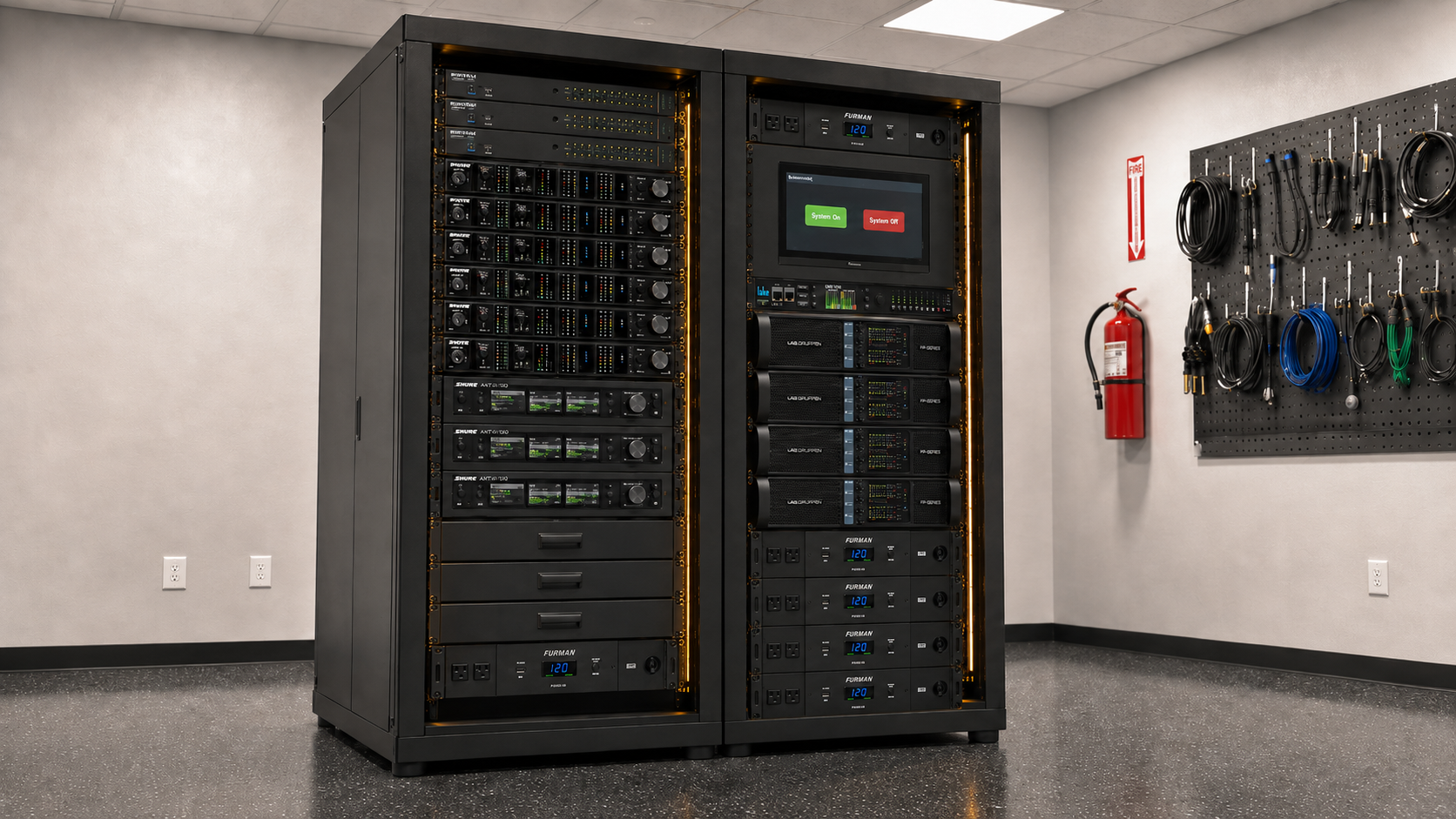 Church AVL production rack — Shure wireless, Lab.gruppen amplification, Furman power, and touch panel control