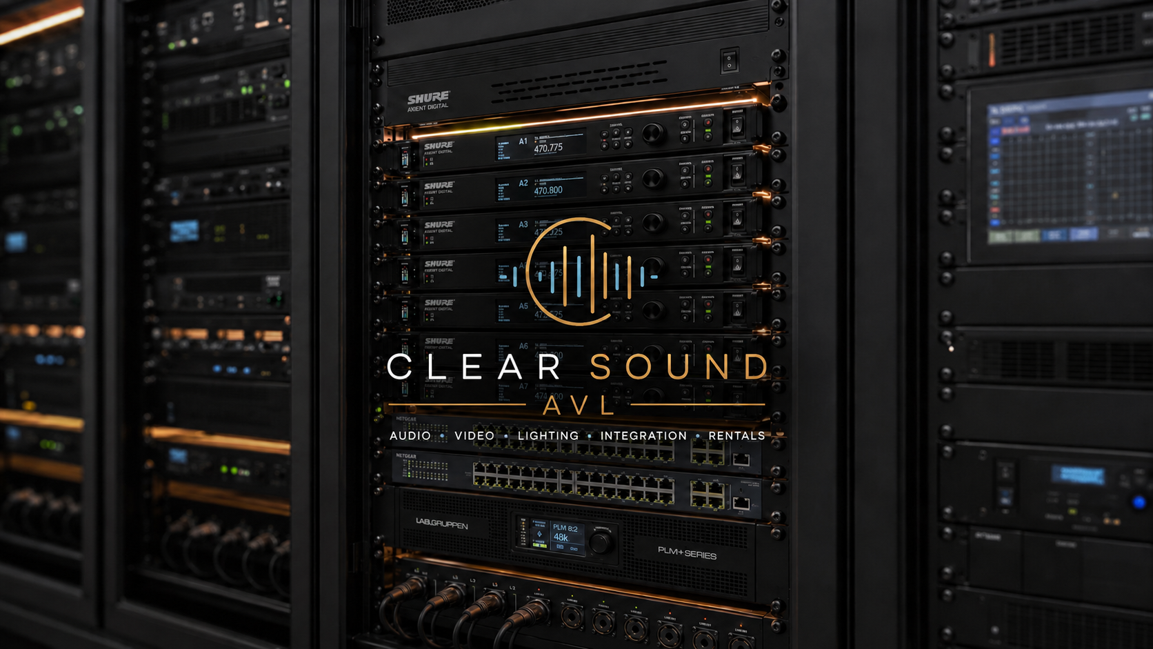 Church AVL rack with wireless mic receivers, DSP, and amplifier stack