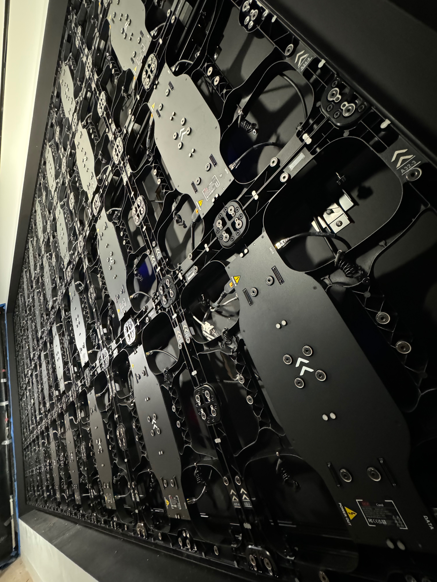 LED video wall installation — rear panel access and data/power runs