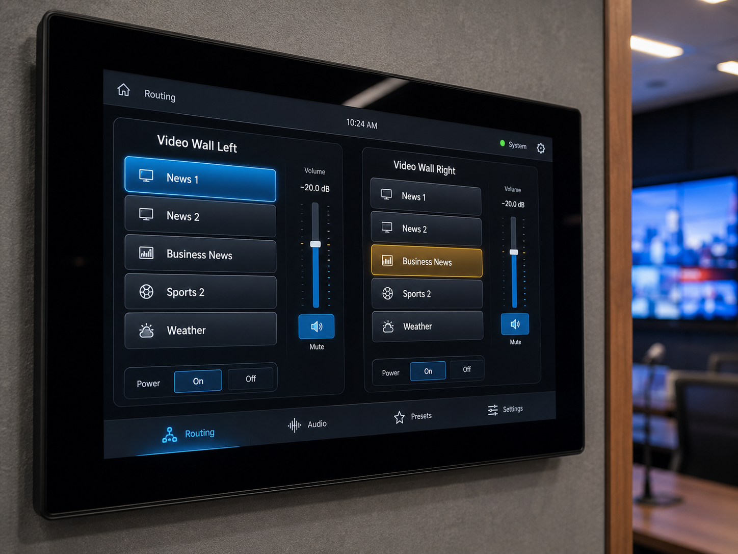 Wall-mounted touch panel routing video wall sources with per-zone volume and mute control