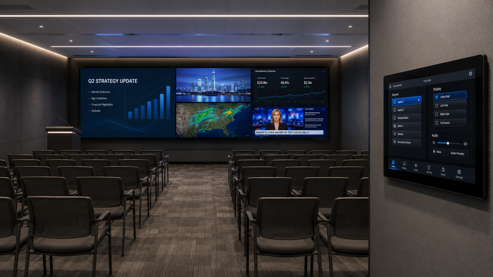Training room LED video wall with multi-window source routing and wall-mounted touch panel control